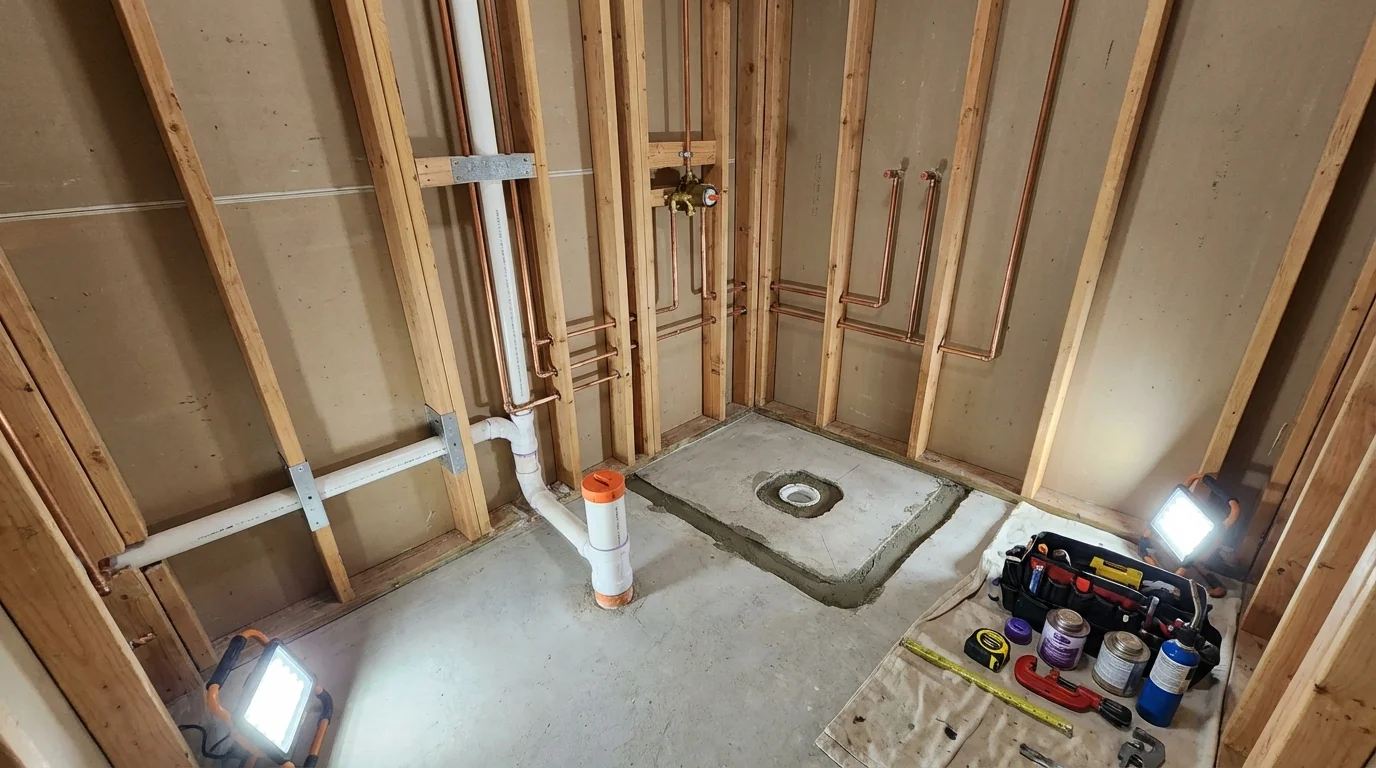 Bathroom rough-in plumbing during remodel by Johns Plumbing LLC in De Witt