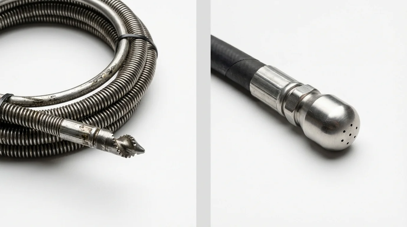 Drain snake cable and hydro jetting nozzle used for drain cleaning in De Witt, IA