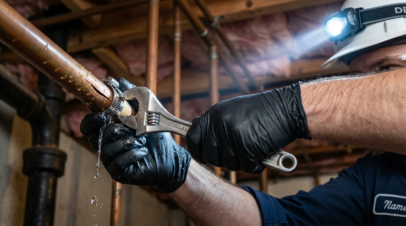 Emergency pipe clamp repair being performed by a Johns Plumbing LLC plumber in De Witt