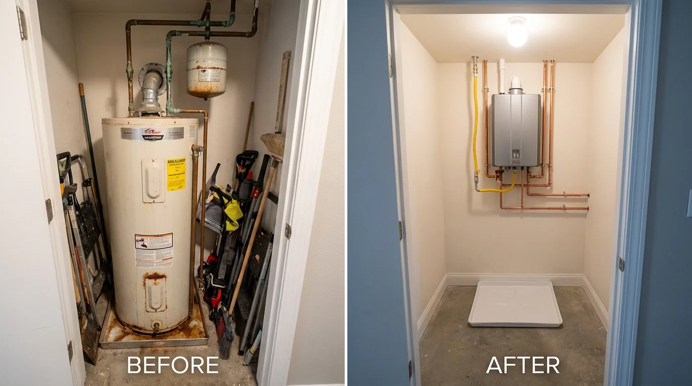 Tank water heater versus wall-mounted tankless unit comparison for De Witt, IA homeowners