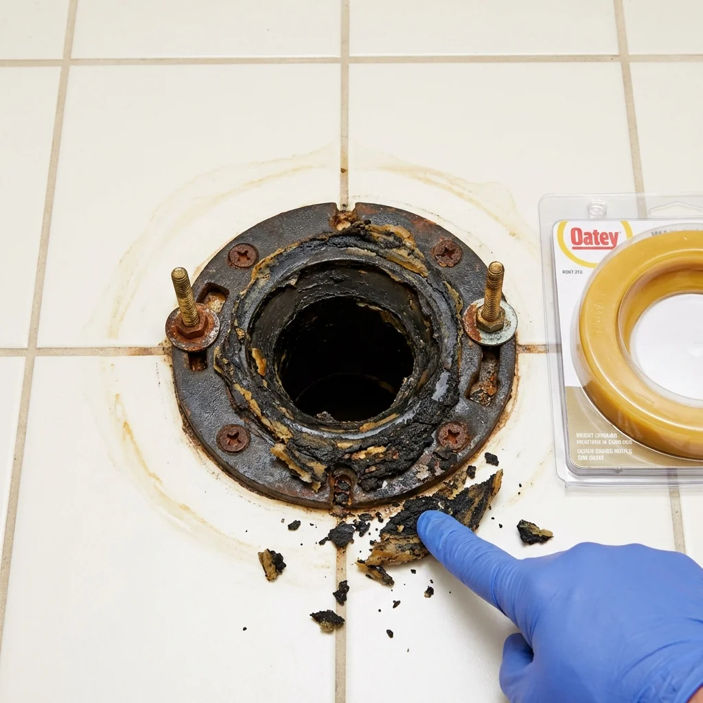 Failed wax ring showing water seepage at the base of a toilet in a De Witt, IA home