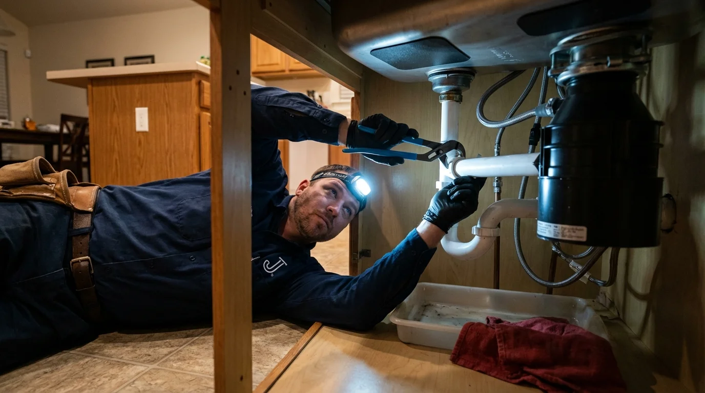 P-trap and supply line connections under a kitchen sink showing a common leak point in De Witt, IA